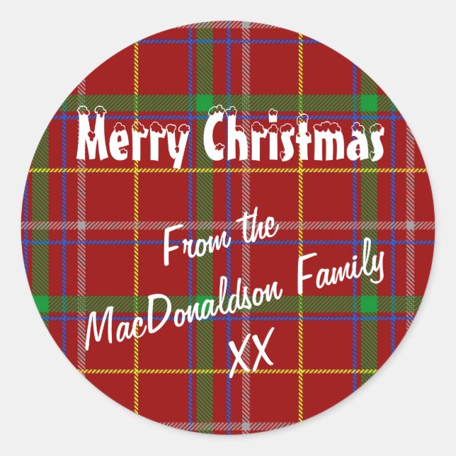 Sticker Rond Rouge tartan plaid Joyeux Noël (Devant)