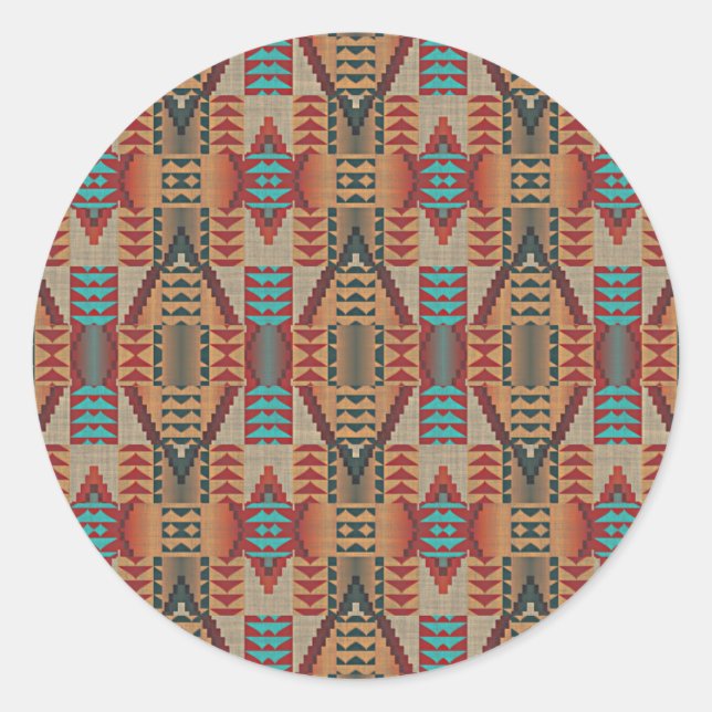 Sticker Rond Rouge Turquoise Orange Brown Ethnic Motif Art (Devant)