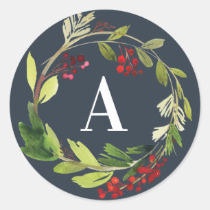 Sticker Rond Rouge + vert aquarelle feuillage initial Noël