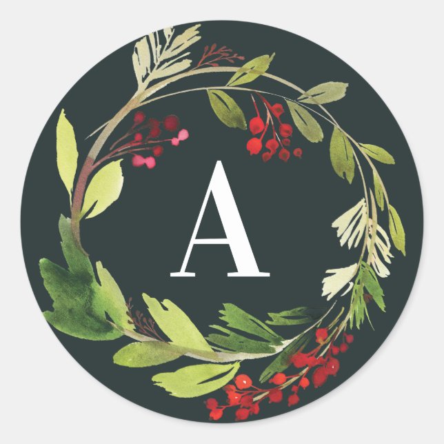 Sticker Rond Rouge + vert aquarelle feuillage initial Noël (Devant)
