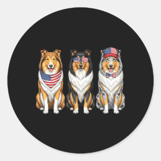 Sticker Rond Rough Collie 4 juillet drapeau américain Chien