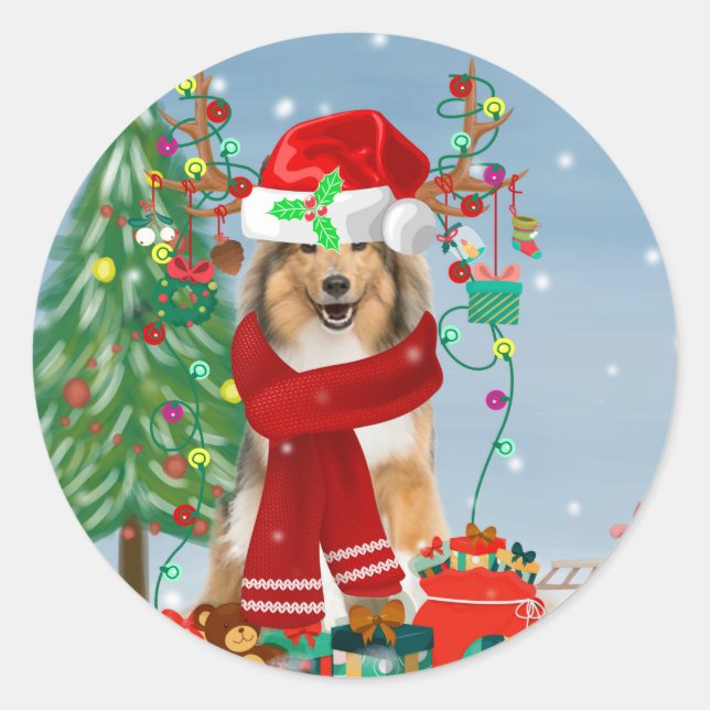 Sticker Rond Rough Collie Chien dans neige cadeau de Noël (Devant)