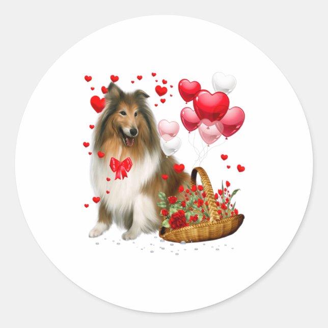 Sticker Rond Rough Collie Heart Balloon Happy Valentine Day Dog (Devant)