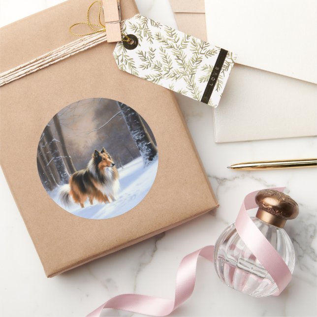 Sticker Rond Rough Collie Vive la neige Noël (Cadeaux)