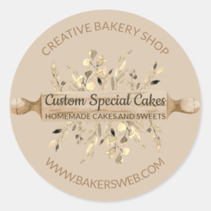 Sticker Rond Rouleau à pâtisserie Fleurs de boulangerie marron