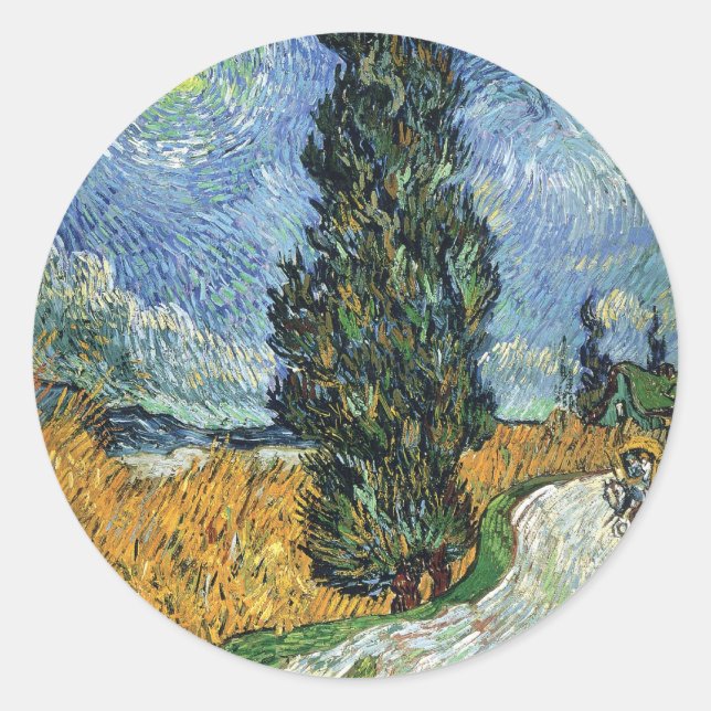 Sticker Rond Route avec cyprès de Van Gogh Impressionnisme (Devant)