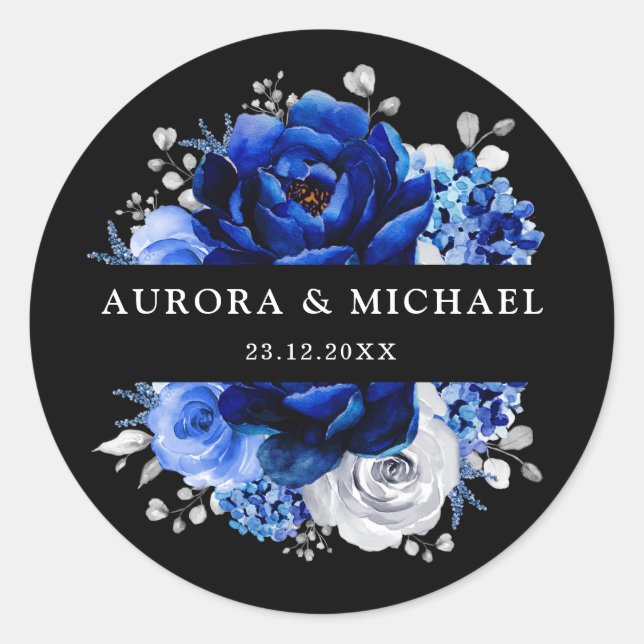 Sticker Rond Royal Bleu Blanc Argent Métallique Mariage Floral  (Devant)