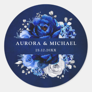 Sticker Rond Royal Bleu Blanc Argent Métallique Mariage Floral 
