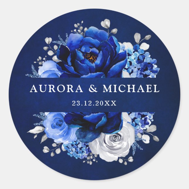 Sticker Rond Royal Bleu Blanc Argent Métallique Mariage Floral  (Devant)