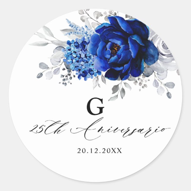 Sticker Rond Royal Bleu Blanc Métallique Argent Floral Mariage  (Devant)