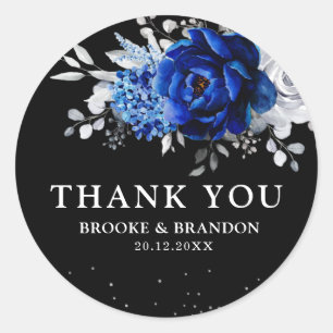 Sticker Rond Royal Bleu Blanc Métallique Argent Floral Mariage