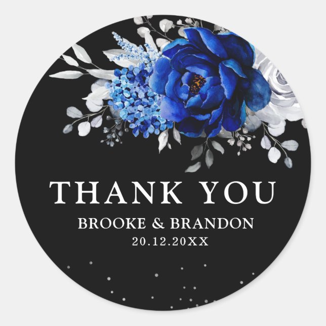 Sticker Rond Royal Bleu Blanc Métallique Argent Floral Mariage  (Devant)