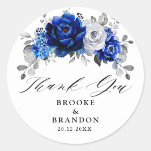 Sticker Rond Royal Bleu Blanc Métallurier Argent Mariage Floral