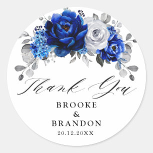 Sticker Rond Royal Bleu Blanc Métallurier Argent Mariage Floral