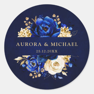 Sticker Rond Royal Bleu Jaune Or Métallurique Mariage Floral Cl