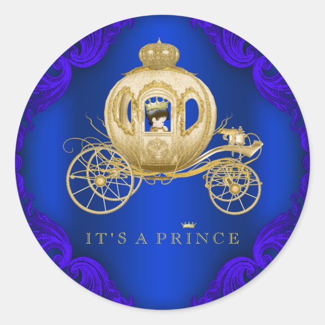 Sticker Rond Royal Blue and Gold Carriage Prince Baby shower (Devant)