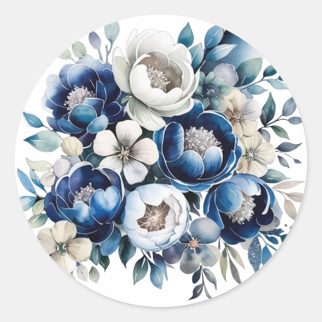 Sticker Rond Royal Blue and Silver Glittery Peony Mariage (Devant)