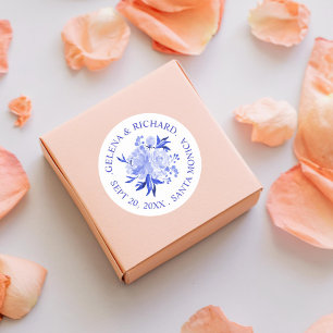 Sticker Rond Royal Blue and White Watercolor Bouquet Wedding