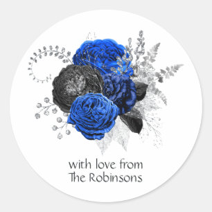 Sticker Rond Royal Blue, Black et Silver Floral