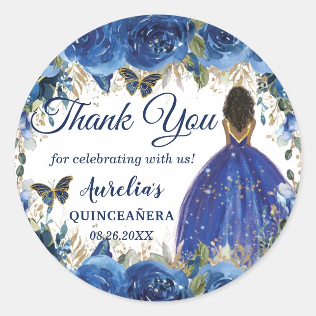 Sticker Rond Royal Blue Floral Butterflies Brown Princess Favor (Devant)