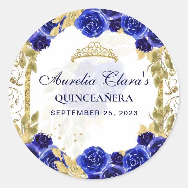 Sticker Rond Royal Blue Floral Princess Gold Arch Quinceanera (Devant)