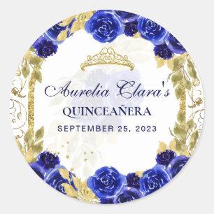 Sticker Rond Royal Blue Floral Princess Gold Arch Quinceanera