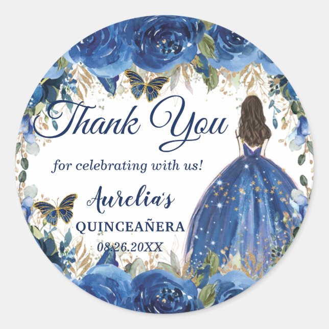 Sticker Rond Royal Blue Floral Rose Butterflies Princess Favori (Devant)
