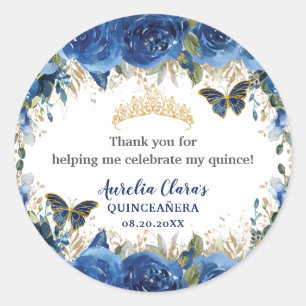Sticker Rond Royal Blue Floral Rose Gold Butterflies Crown