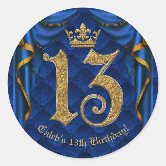 Sticker Rond Royal Blue & Gold Crown 13 13e fête d'anniversaire (Devant)