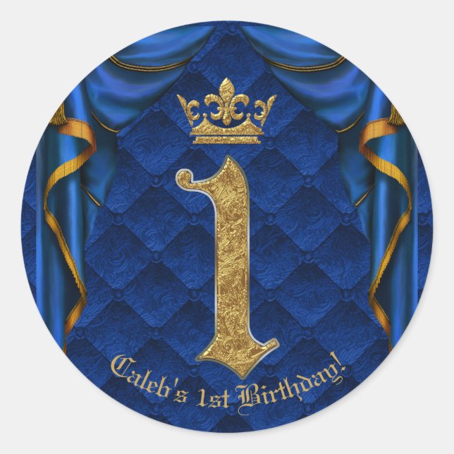 Sticker Rond Royal Blue & Gold Crown 1 1ère fête d'anniversaire (Devant)