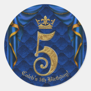 Sticker Rond Royal Blue & Gold Crown 5 5e fête d'anniversaire
