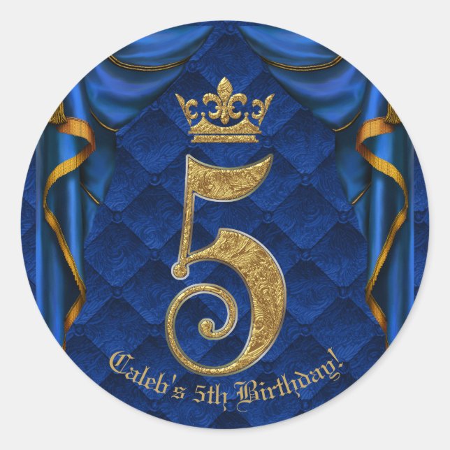 Sticker Rond Royal Blue & Gold Crown 5 5e fête d'anniversaire (Devant)