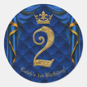 Sticker Rond Royal Blue & Gold Crown Deux 2 2e fête d'anniversa