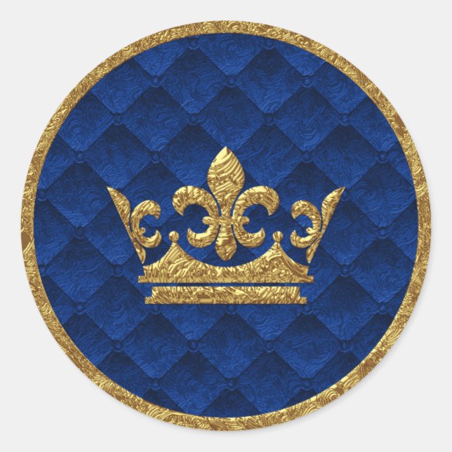 Sticker Rond Royal Blue & Gold Crown Storybook Wedding Favor (Devant)