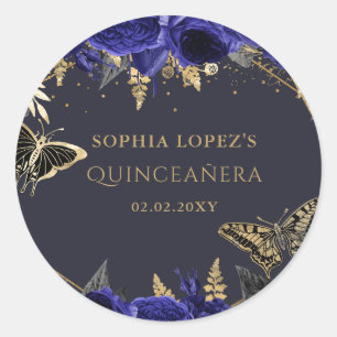 Sticker Rond Royal Blue Gold Floral Papillons Quinceanera