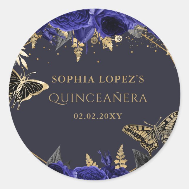 Sticker Rond Royal Blue Gold Floral Papillons Quinceanera (Devant)