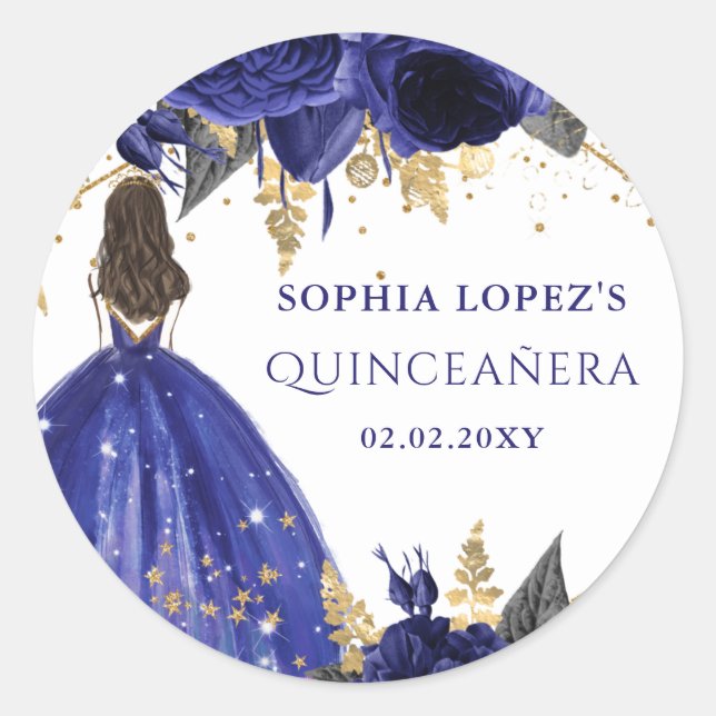 Sticker Rond Royal Blue Gold Floral Princess Quinceanera (Devant)