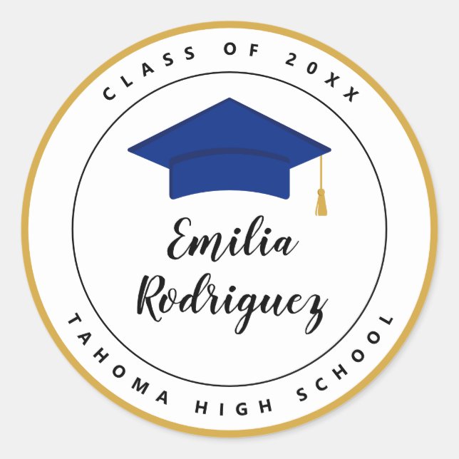 Sticker Rond Royal Blue Jaune Gold Graduation Cap Sceau (Devant)