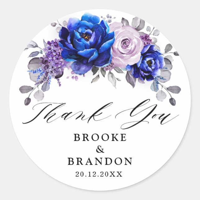Sticker Rond Royal Blue Lilac Purple Floral Mariage Merci (Devant)