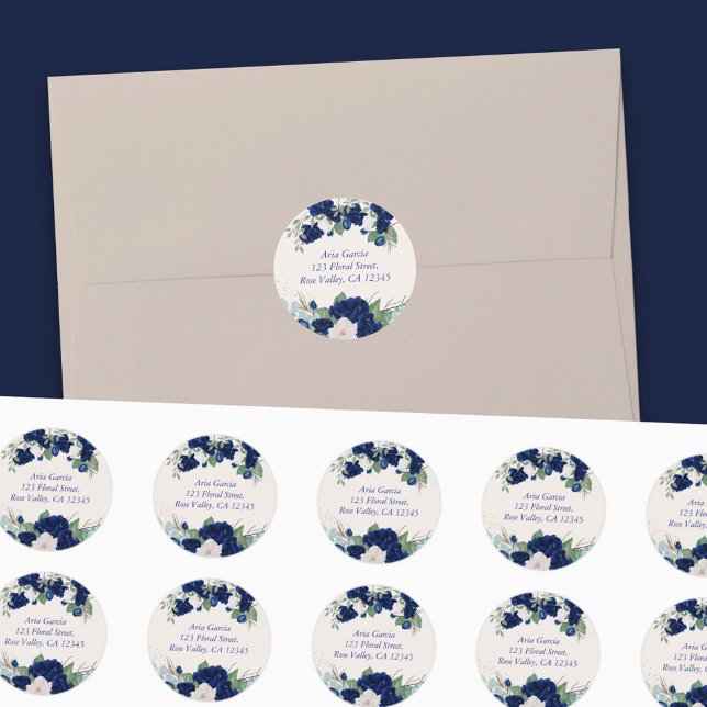 Sticker Rond Royal Blue Roses et Eucalytus Nom et adresse (Floral address labels with royal blue and ivory roses from my Royal Roses collection)
