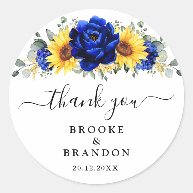Sticker Rond Royal Blue Rustic Tournesol Moderne Floral Mariage (Devant)