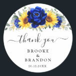 Sticker Rond Royal Blue Rustic Tournesol Moderne Floral Mariage<br><div class="desc">Mariage campagnard rustique élégant et moderne merci autocollant comprend tournesol jaune vif, pivoines bleues royales, souffle bébé, cadre floral gypsophila / couronne avec feuilles eucalyptus. S'il vous plaît trouver d'autres modèles et variantes de mon magasin "blissweddingpaperie". Et n'hésitez pas à me contacter pour plus de personnalisation ou de correspondance d'articles....</div>
