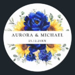 Sticker Rond Royal Blue Rustic Tournesol Moderne Floral Mariage<br><div class="desc">Élégant et moderne autocollant de mariage campagnard rustique dispose de tournesol jaune vif, pivoines bleues royales, souffle bébé, cadre floral gypsophila / couronne avec feuilles eucalyptus. S'il vous plaît trouver d'autres modèles et variantes de mon magasin "blissweddingpaperie". Et n'hésitez pas à me contacter pour plus de personnalisation ou de correspondance...</div>