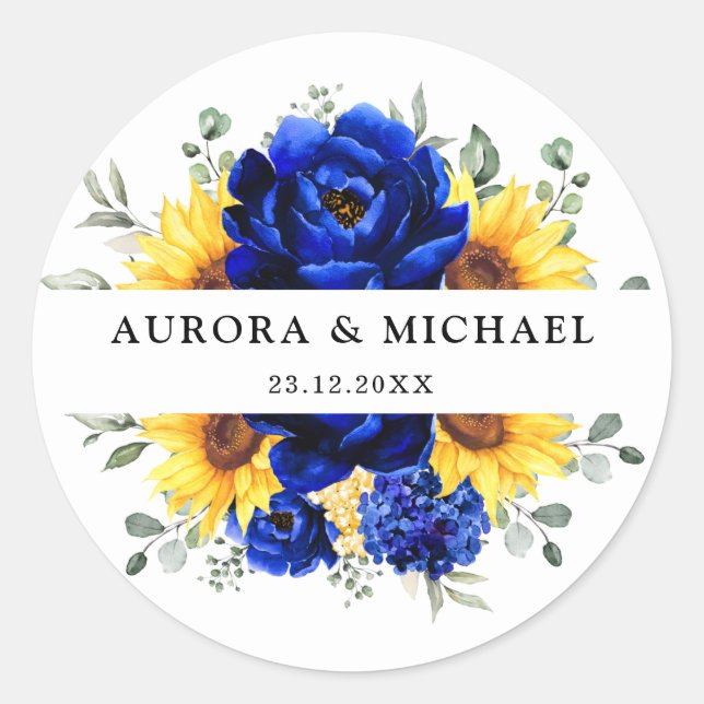 Sticker Rond Royal Blue Rustic Tournesol Moderne Floral Mariage (Devant)