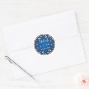 Sticker Rond Royal Blue, Silver Grey Floral Mariage