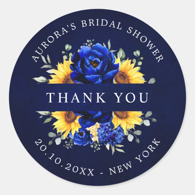 Sticker Rond Royal Blue Sunflower Bride douche merci Classe (Devant)