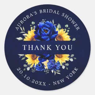 Sticker Rond Royal Blue Sunflower Bride douche merci Classe
