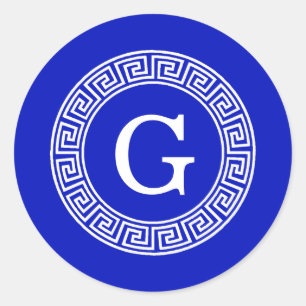 Sticker Rond Royal Blue Wt Grèce clé cadre de ligne initiale Mo
