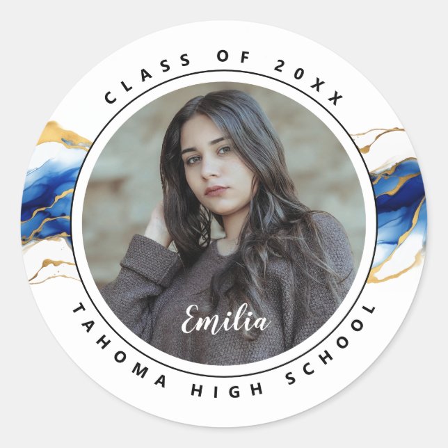 Sticker Rond Royal Blue Yellow Gold Photo sceau de graduation (Devant)