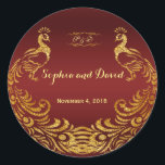 Sticker Rond Royal Burgundy Gold Peacock Mariage personnalisé<br><div class="desc">Unique Design featuring Royal Burgundy Gradient background and abstract Gold Sparkling Peacocks for your special wedding event. C'est It qui veut le style de l'art de l'art. C'est différent ! Personalize with your own information. If you need to move the text, or change the size, font, or color, click Customize...</div>